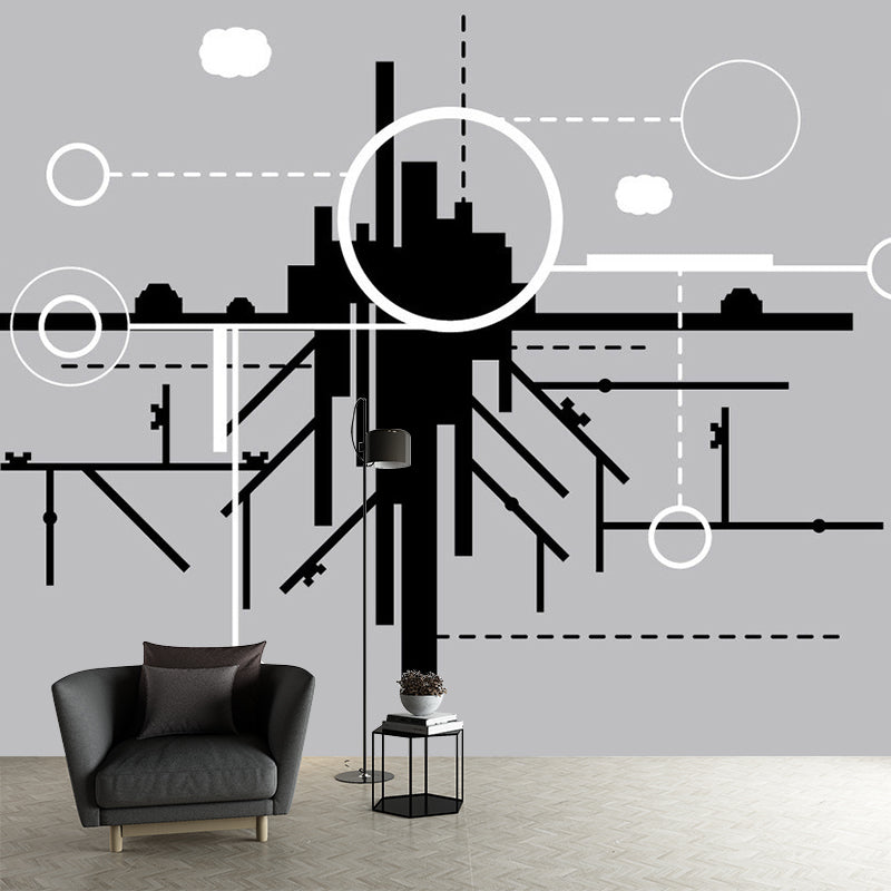 City Construction Wallpaper Murals Minimalist Non-Woven Cloth Wall Art in Black-Grey-White