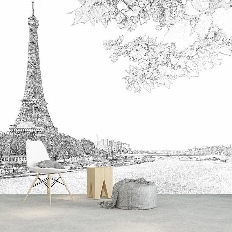 Modern Eiffel Tower Wallpaper Murals Black-White River Seine Scene Wall Art for Decoration