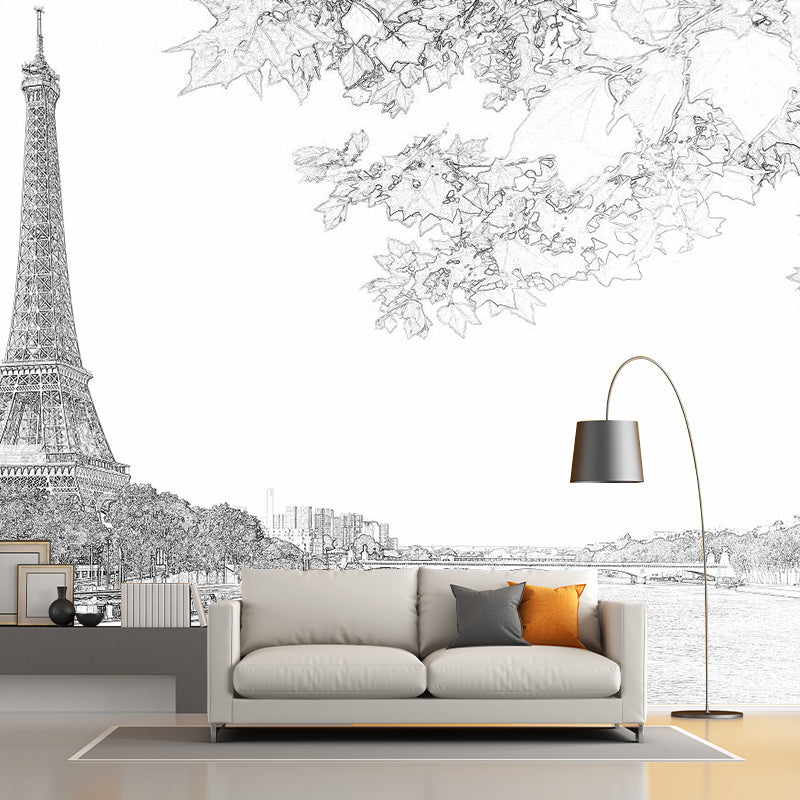 Modern Eiffel Tower Wallpaper Murals Black-White River Seine Scene Wall Art for Decoration