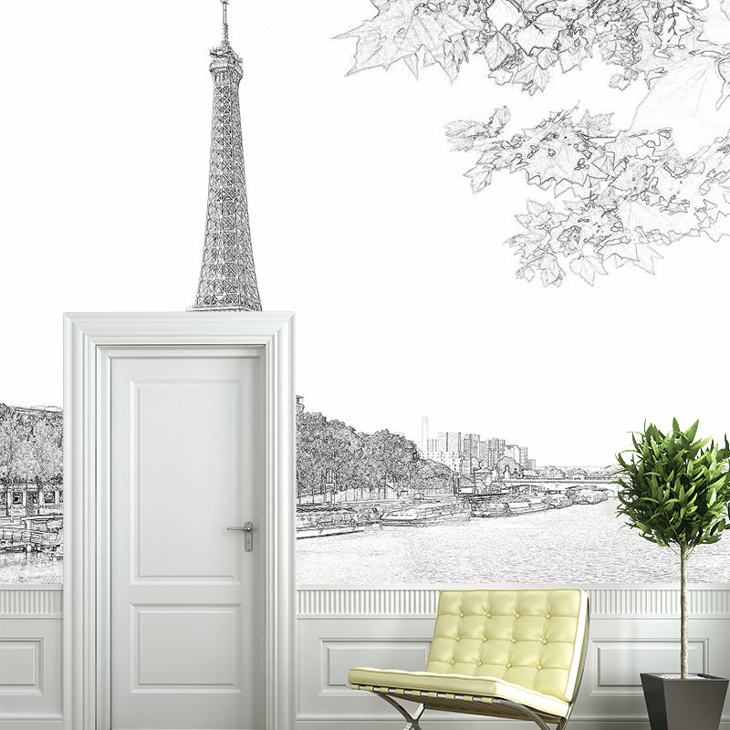 Modern Eiffel Tower Wallpaper Murals Black-White River Seine Scene Wall Art for Decoration