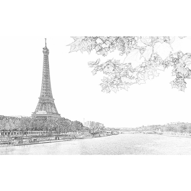 Modern Eiffel Tower Wallpaper Murals Black-White River Seine Scene Wall Art for Decoration