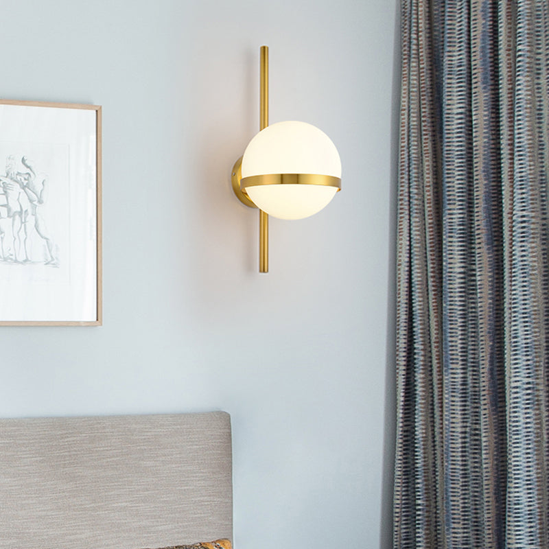 Black/Gold Vertical Wall Sconce Fixture Modern 1 Head Metal Wall Lamp with Orbit Opal Glass Shade, 6"/8" Width