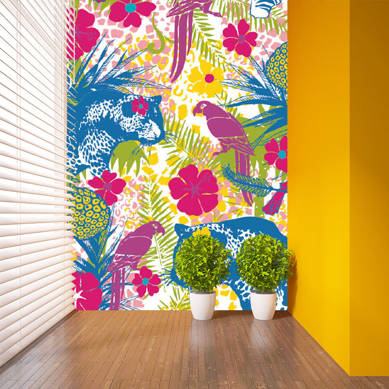 Modern Flower Field Animals Mural Rose Red-Blue-Green Stain Resistant Wall Art for Home