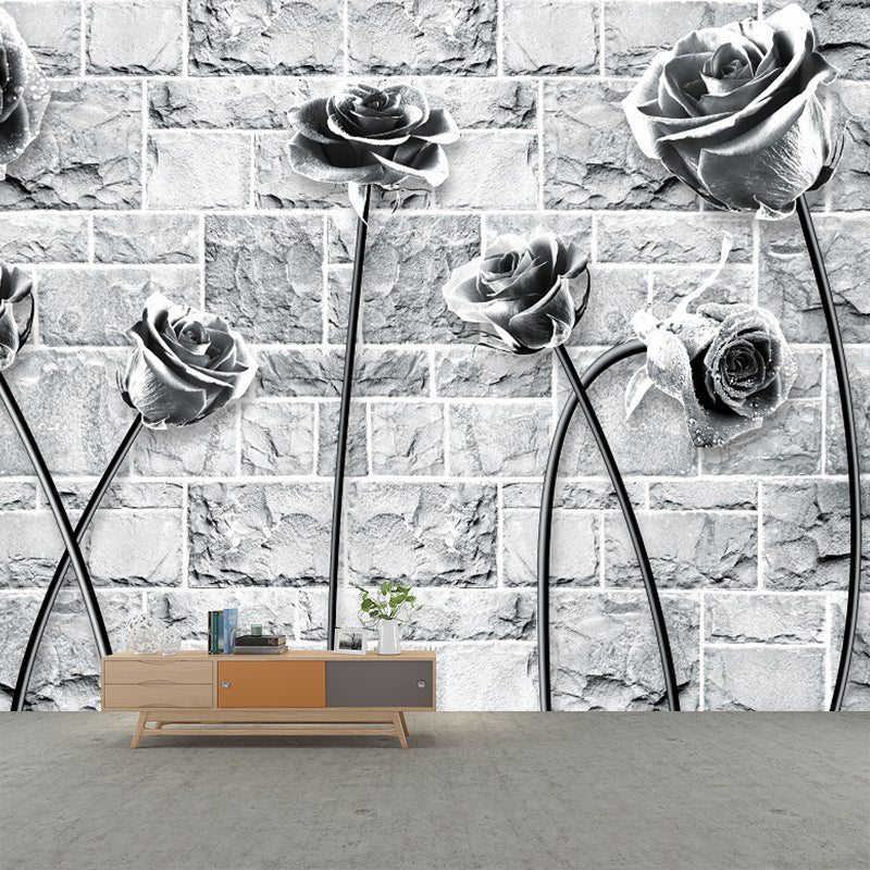 Rose and Brick Wallpaper Mural Black-White Contemporary Wall Covering for Bedroom