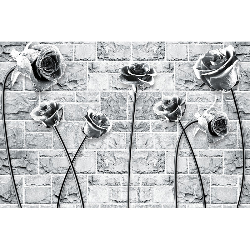 Rose and Brick Wallpaper Mural Black-White Contemporary Wall Covering for Bedroom