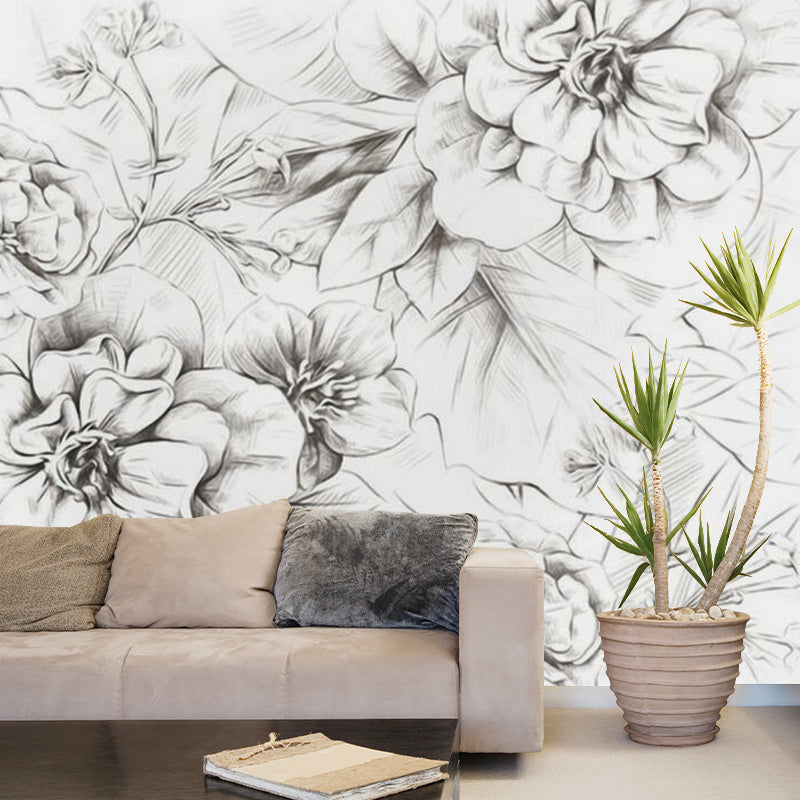 Peony Sketch Wall Paper Murals Modernist Waterproof Bedroom Wall Art, Made to Measure