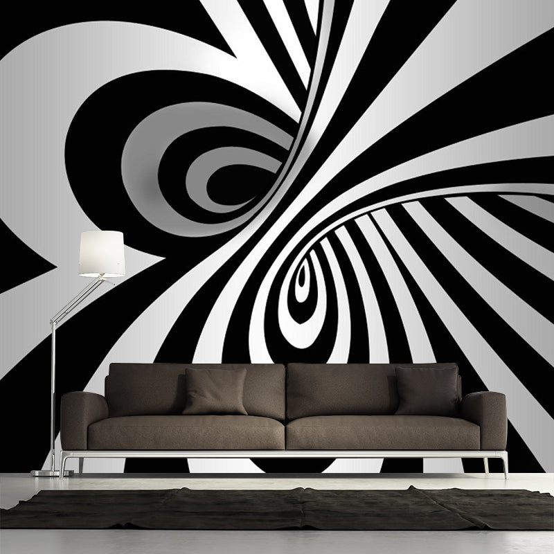 Modern Zebra Print Murals Wallpaper Black-White Spiral Wall Covering for Living Room