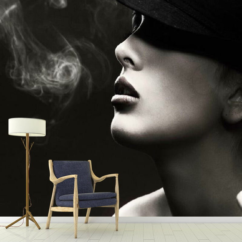 Elegant Smoking Woman Mural Decal for Bedroom, Black-White, Custom Size Available