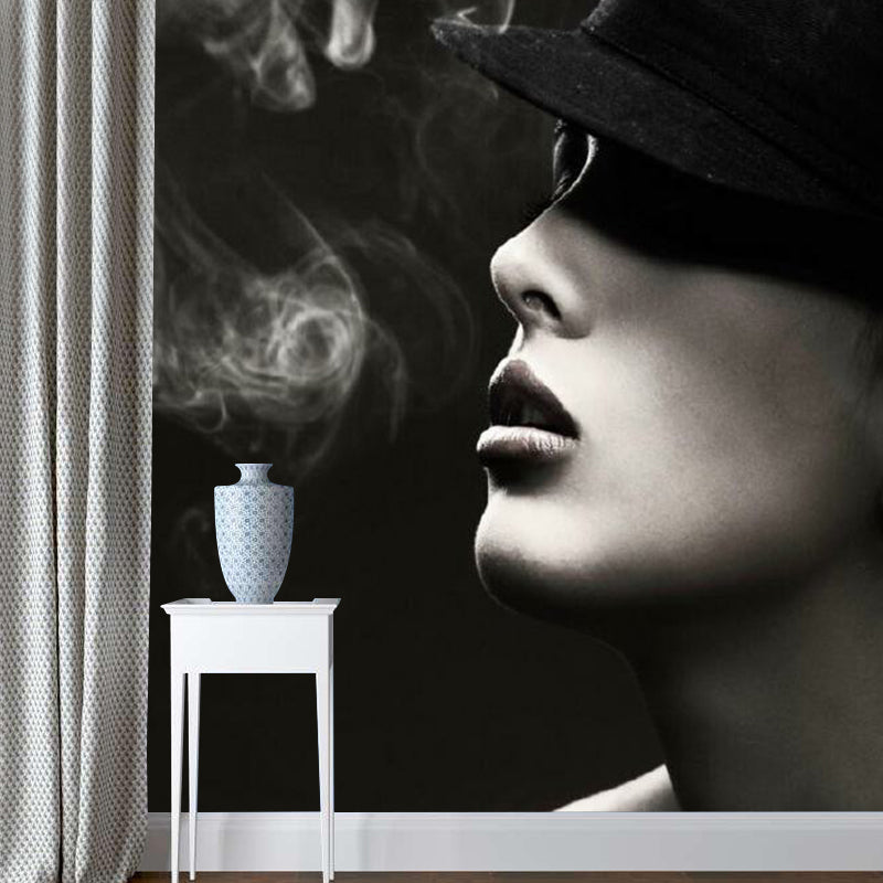 Elegant Smoking Woman Mural Decal for Bedroom, Black-White, Custom Size Available
