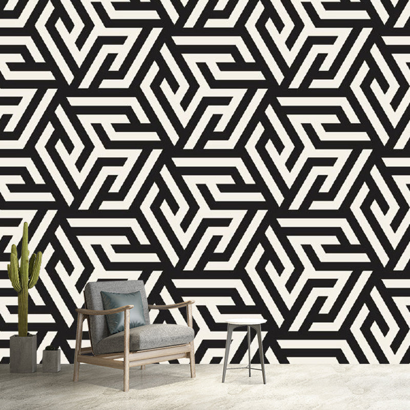Geometry Maze Mural Wallpaper Modern Style Non-Woven Wall Decor in Black and White