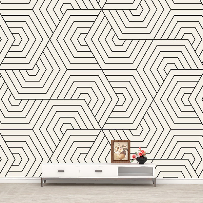Non-Woven Waterproof Mural Modern Seamless Hexagonal Pattern Wall Art in Black-White