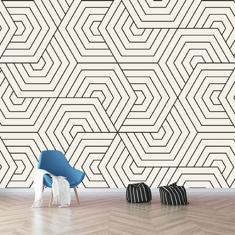 Non-Woven Waterproof Mural Modern Seamless Hexagonal Pattern Wall Art in Black-White