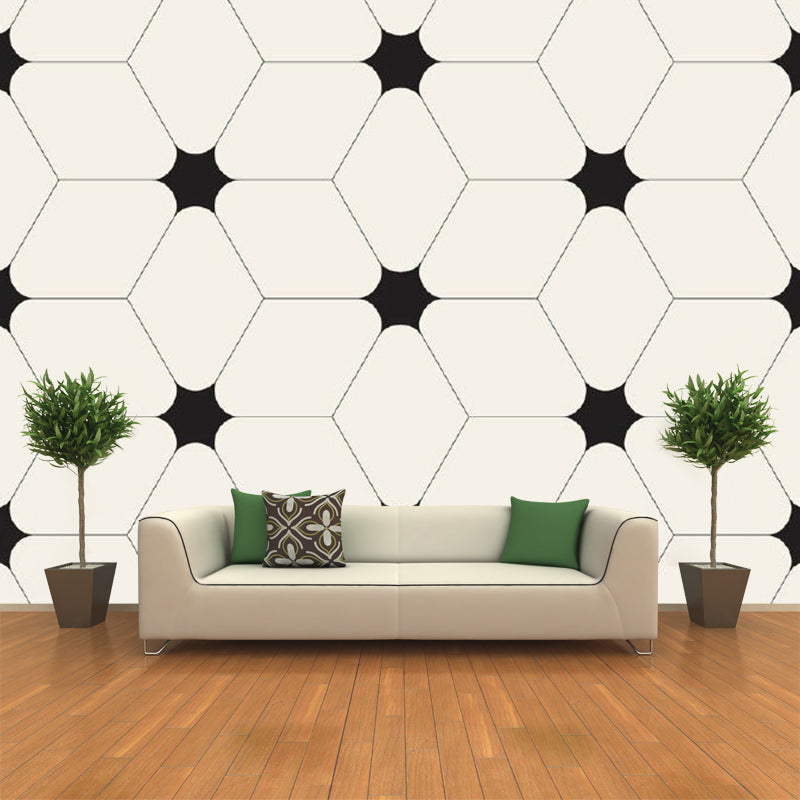 Geometric Cube and Star Mural Decal Minimalistic Non-Woven Cloth Wall Covering in Black-White