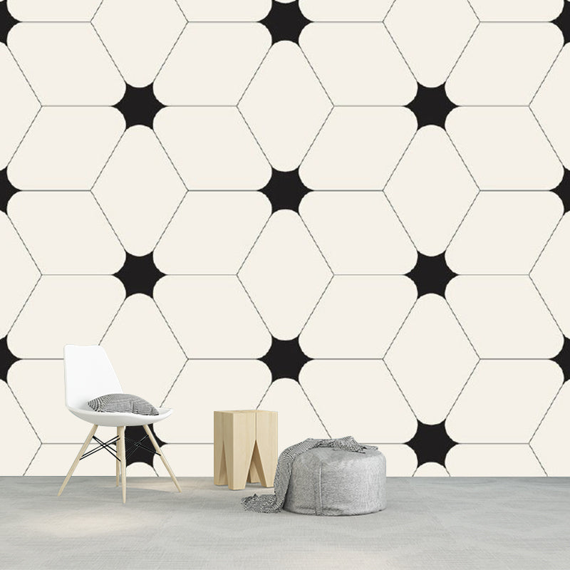 Geometric Cube and Star Mural Decal Minimalistic Non-Woven Cloth Wall Covering in Black-White