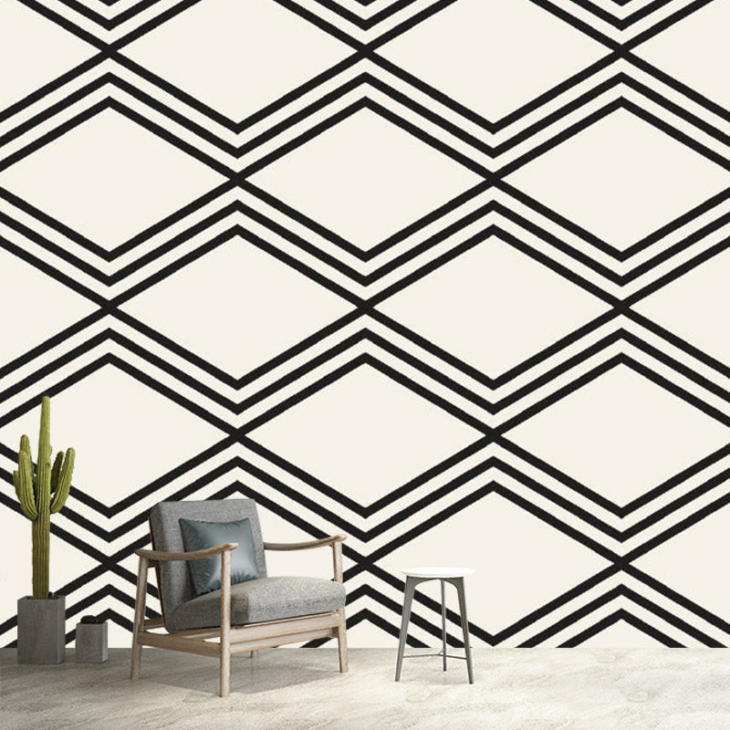 Large Rhombus Seamless Pattern Murals Minimalistic Geometry Wall Art in Black-White