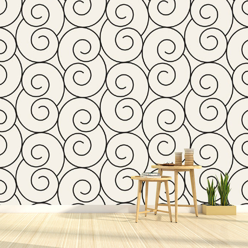 Minimalist Spiral Seamless Wall Murals in Black-White Stain Resistant Wall Decor for Bedroom