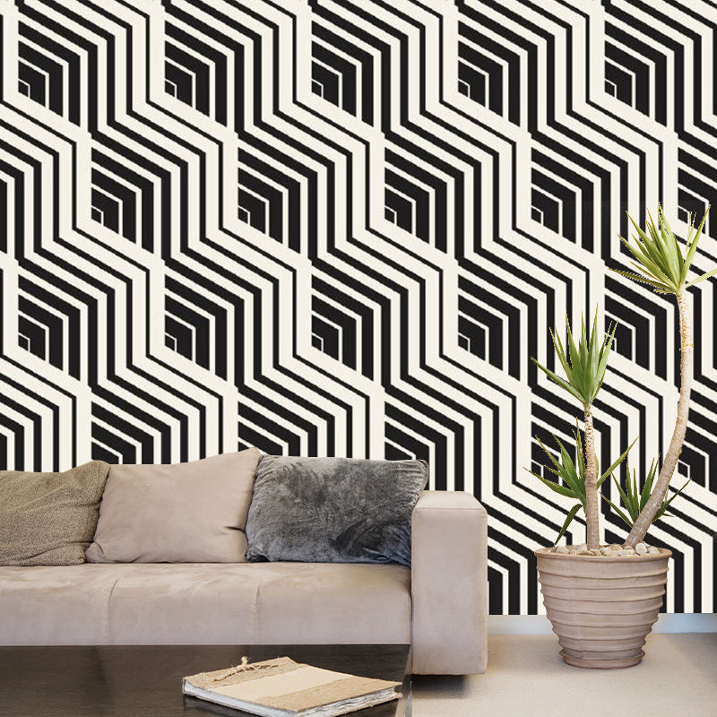 Black-White Modern Art Mural Wallpaper Whole Diagonal Chevron Pattern Wall Decor for Home