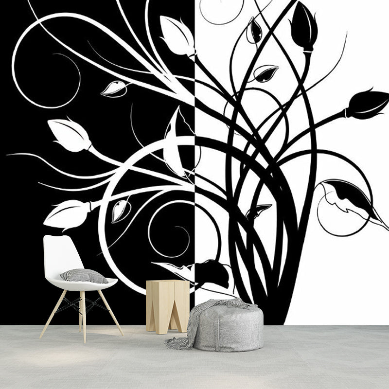 Swirled Flower Buds Mural Wallpaper Black-White Minimalistic Wall Art for Bedroom