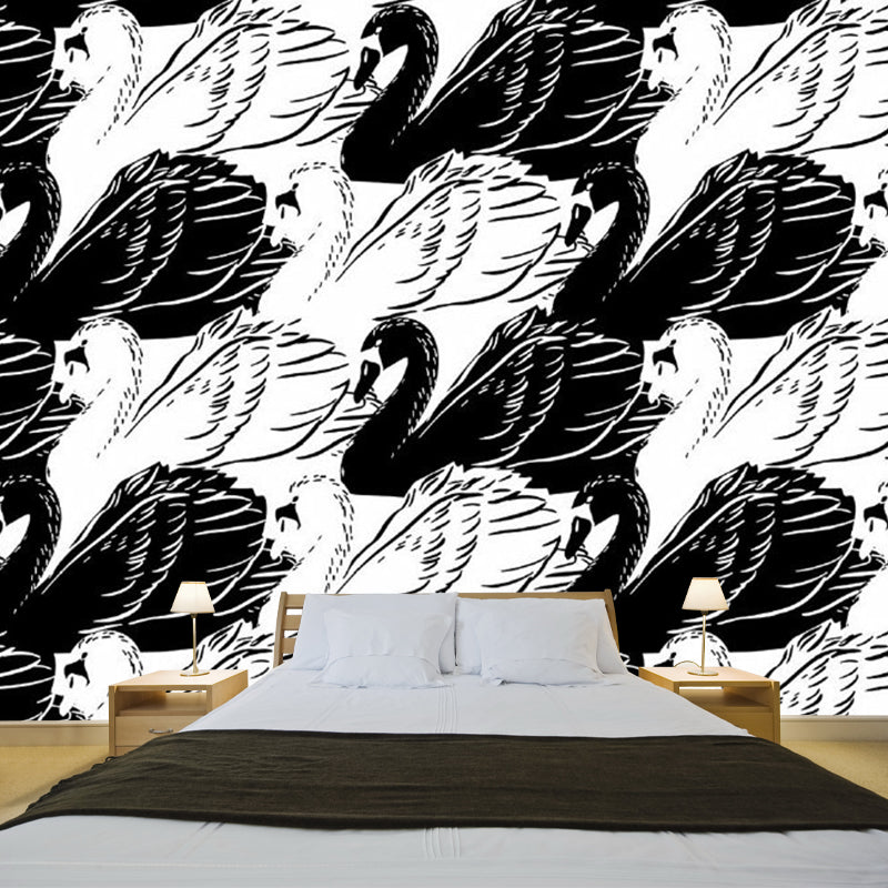 Black-White Swan Wall Murals Decal Stain-Resistant Wall Covering for Living Room