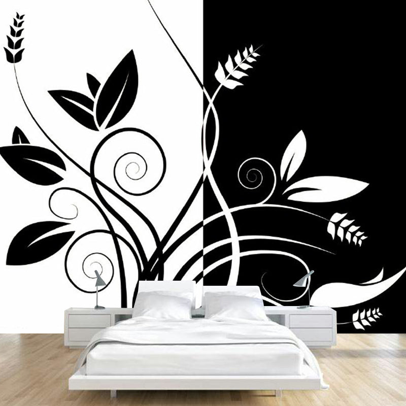 Black-White Floral Wallpaper Mural Stain-Proof Minimalist Bedroom Wall Decoration