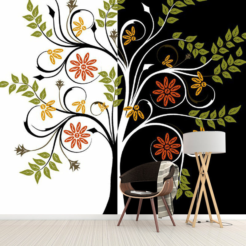Green-Black Tree Murals Botanical Modern Art Stain Resistant Wall Decor for Bedroom