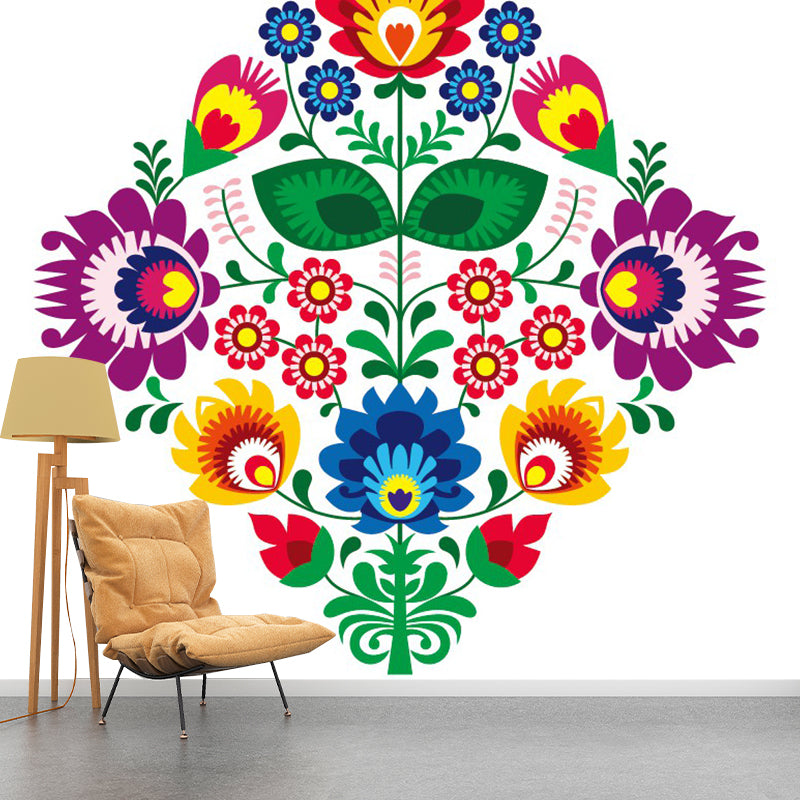 Boho Symmetric Flower Wall Murals for Home Decoration Custom Wall Art in Red-Yellow-Blue-Green