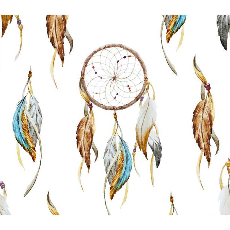 Bohemian Feather Wall Covering Mural Non-Woven Moisture Resistant Brown Wall Art for Bedroom