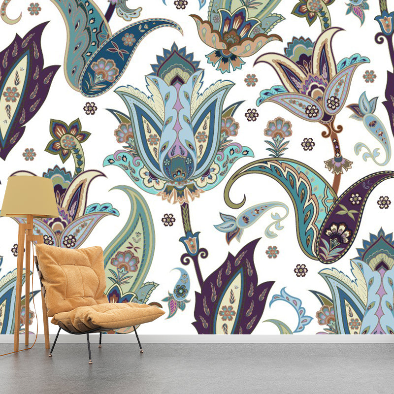 Blue-Green Bohemian Murals Full Size Paisley Flower Pattern Wall Covering for Home