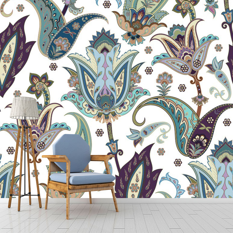 Blue-Green Bohemian Murals Full Size Paisley Flower Pattern Wall Covering for Home