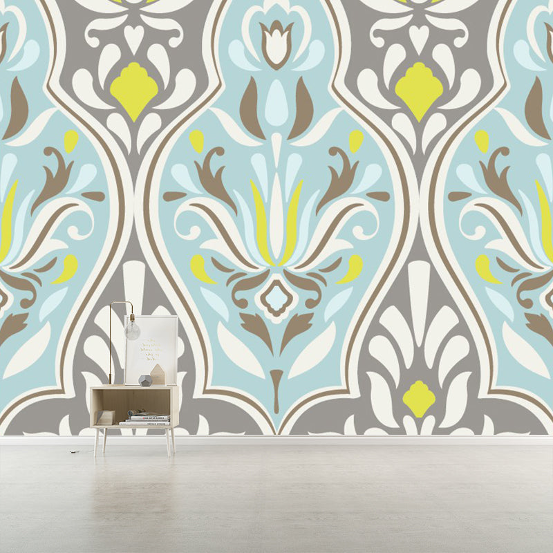 Yellow-Blue Floral Wall Mural Decal Waterproof Bohemian Bedroom Wall Art, Custom Size