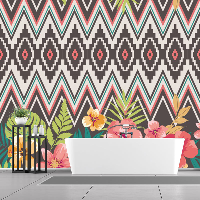 Flower-Edge Seamless Mural Wallpaper Bohemia Smooth Surface Wall Art in Pink-Green