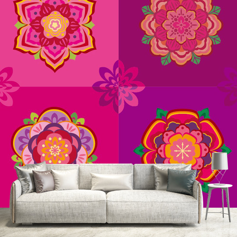 Bohemia Squares Wall Mural Rose Red Flowers Wall Covering for Bedroom Decoration