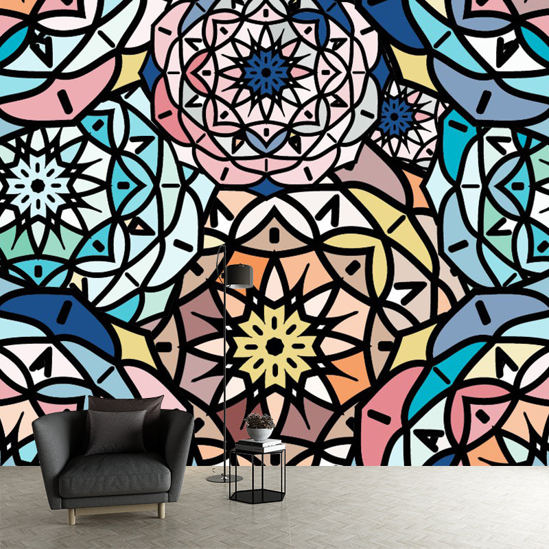 Pink-Blue Floral Layers Mural Decal Stain Resistant Boho Chic Bedroom Wall Decoration