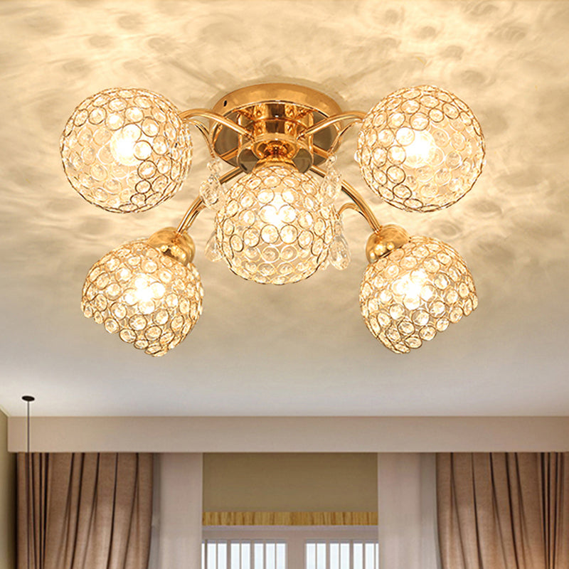 5 Heads Semi Flush Mount with Spherical Crystal Traditional Bedchamber Ceiling Mount