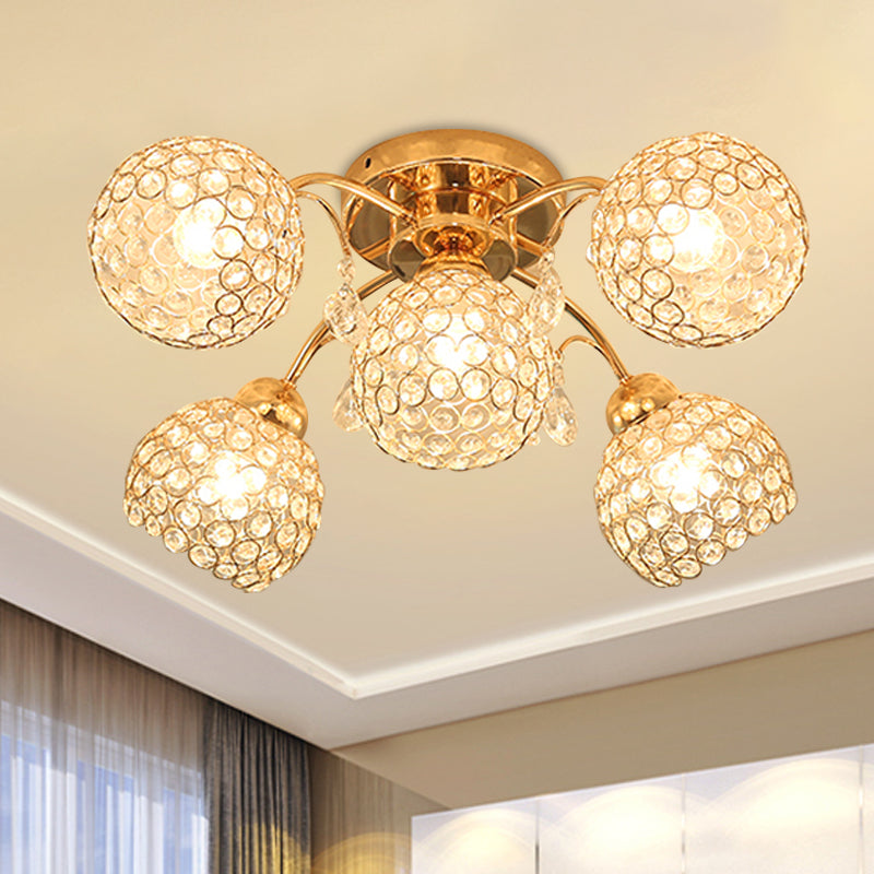 5 Heads Semi Flush Mount with Spherical Crystal Traditional Bedchamber Ceiling Mount