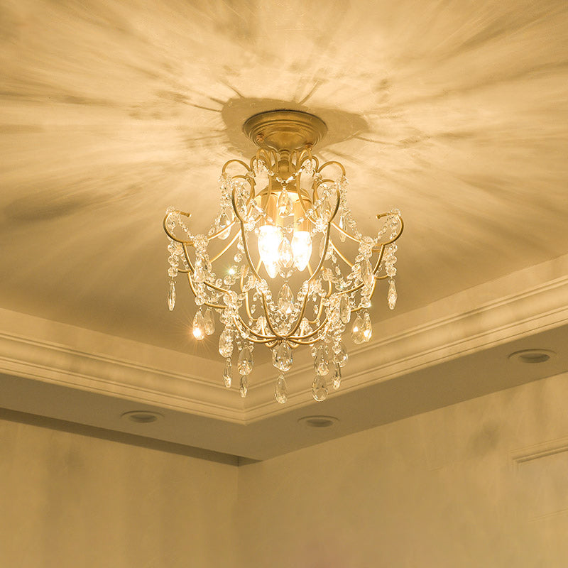 Gold Swooping Arm Semi Flush Light Contemporary Crystal Stands 3 Heads Porch Ceiling Flush