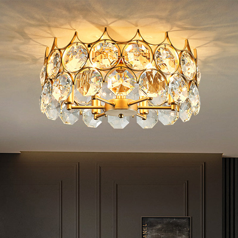 Crystal Gold Semi Flush Mount Light Crown 6 Heads Contemporary Ceiling Mounted Fixture
