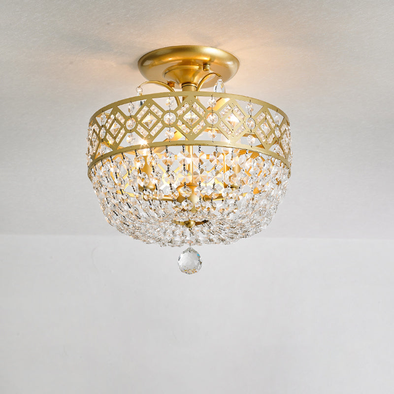 3 Heads Light Fixture with Dropped Ball Crystal Contemporary Porch Semi-Flush Mount in Gold