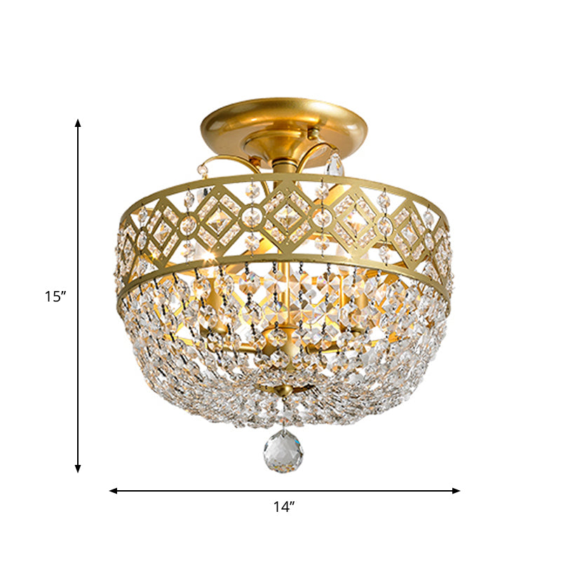 3 Heads Light Fixture with Dropped Ball Crystal Contemporary Porch Semi-Flush Mount in Gold
