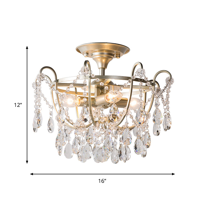 Gold Raindrop Semi Flush Light Traditional Crystal 4 Bulbs Drawing Room Ceiling Fixture