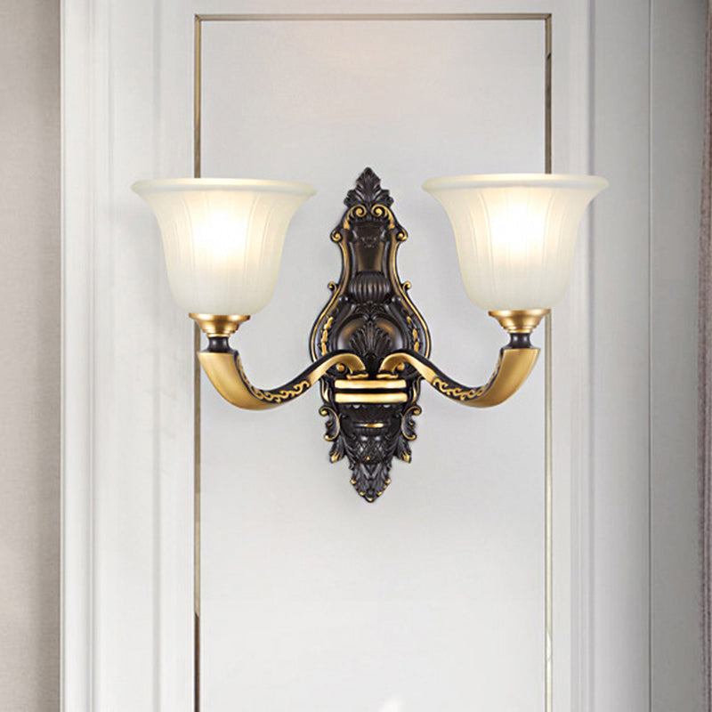 1/2-Bulb Bell Wall Mount Light Vintage Black and Gold Frosted White Glass Sconce for Bedroom