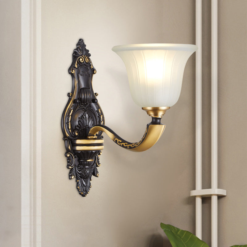1/2-Bulb Bell Wall Mount Light Vintage Black and Gold Frosted White Glass Sconce for Bedroom