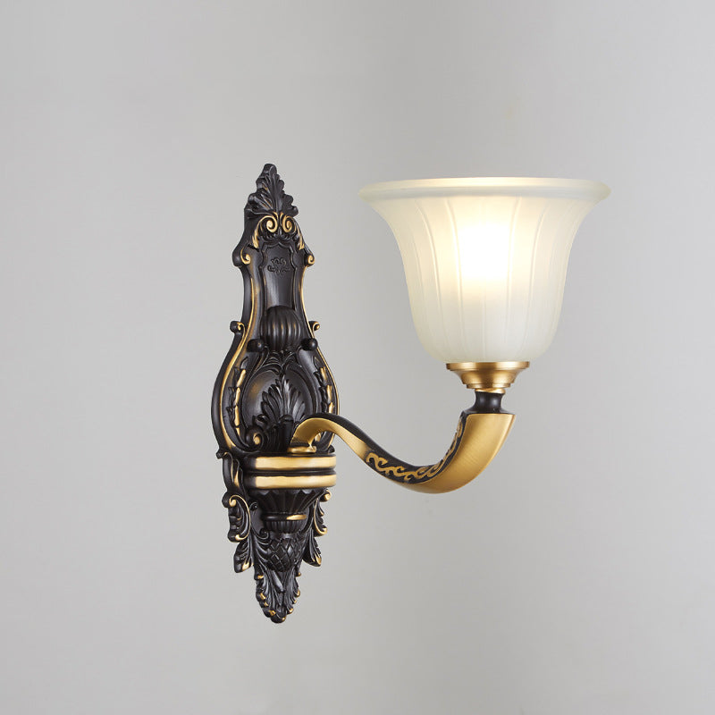 1/2-Bulb Bell Wall Mount Light Vintage Black and Gold Frosted White Glass Sconce for Bedroom