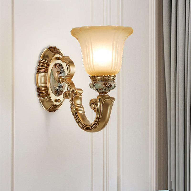 1/2-Light Sconce Lighting Retro Living Room Wall Lamp with Bell Frosted Glass Shade in Gold
