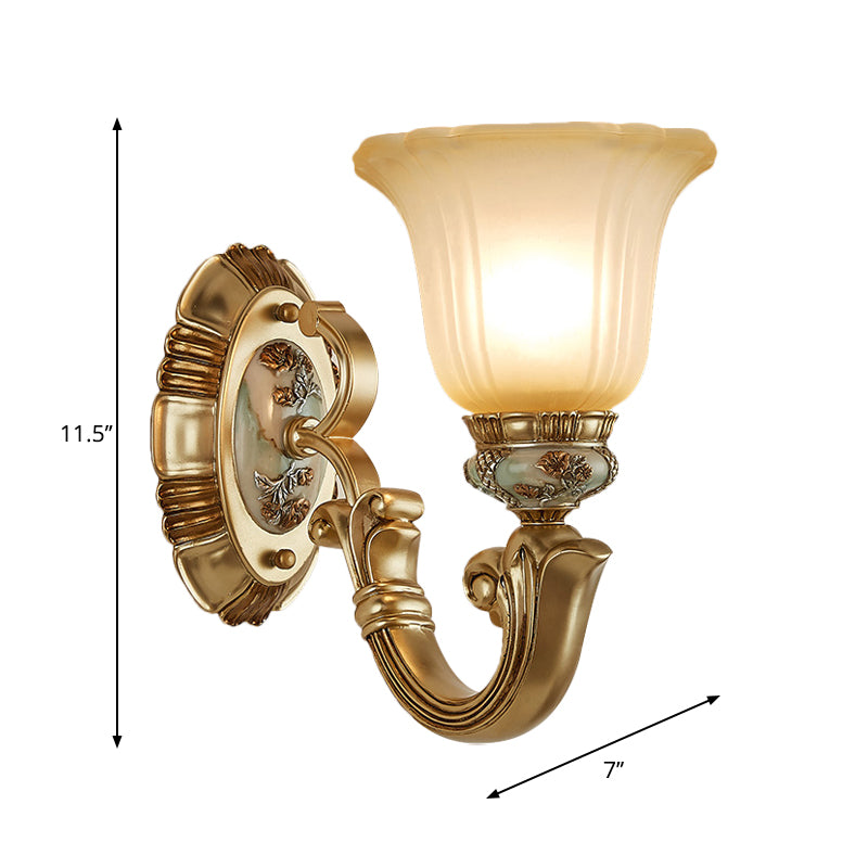 1/2-Light Sconce Lighting Retro Living Room Wall Lamp with Bell Frosted Glass Shade in Gold