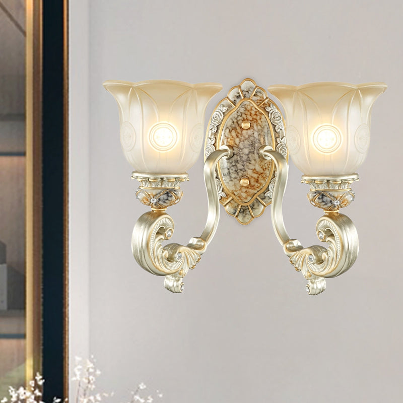 Vintage Scalloped Wall Light Fixture 1/2-Light White Glass Wall Mount Lamp in Gold for Bedroom