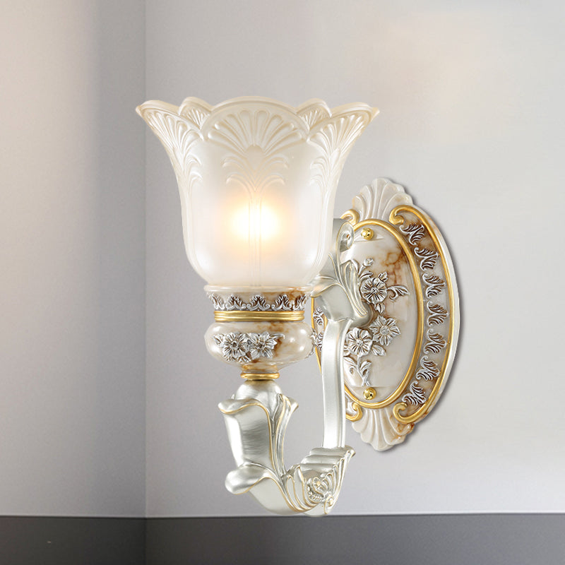 White-Gold Floral Wall Lamp Kit Retro Style Frosted Glass 1/2-Hoofd Living Room SCONCE LICHT