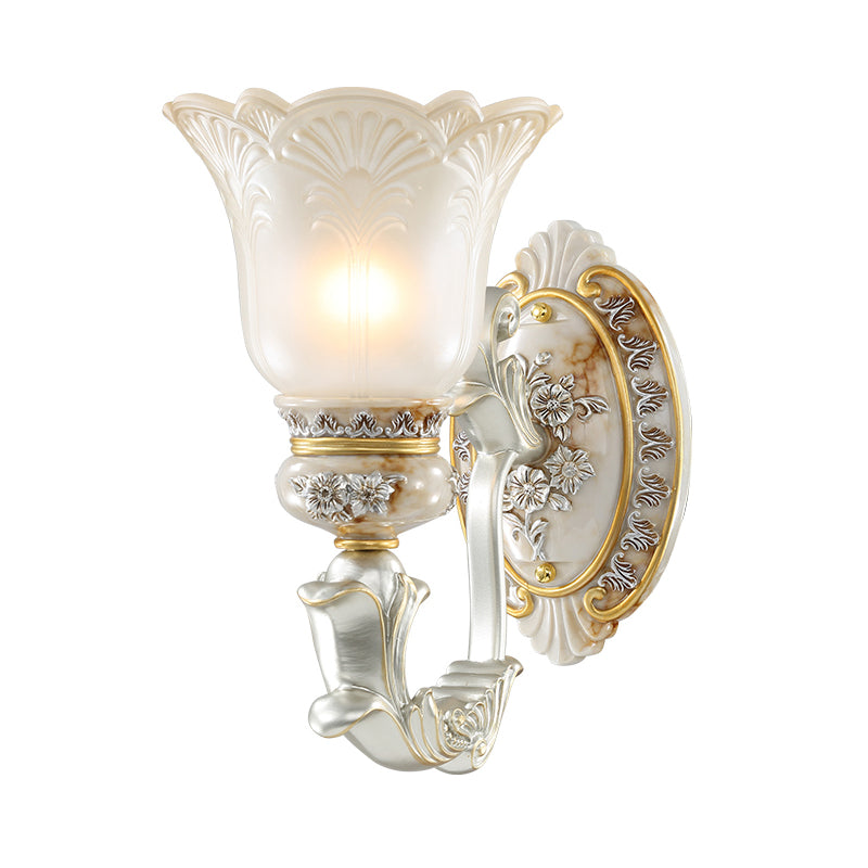 White-Gold Floral Wall Lamp Kit Retro Style Frosted Glass 1/2-Hoofd Living Room SCONCE LICHT