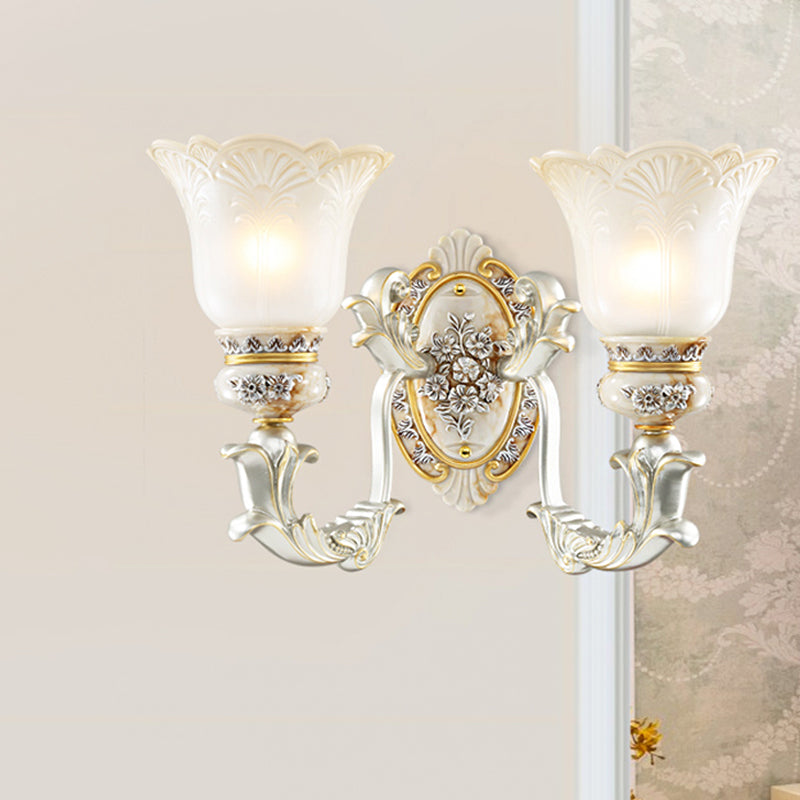 White-Gold Floral Wall Lamp Kit Retro Style Frosted Glass 1/2-Hoofd Living Room SCONCE LICHT