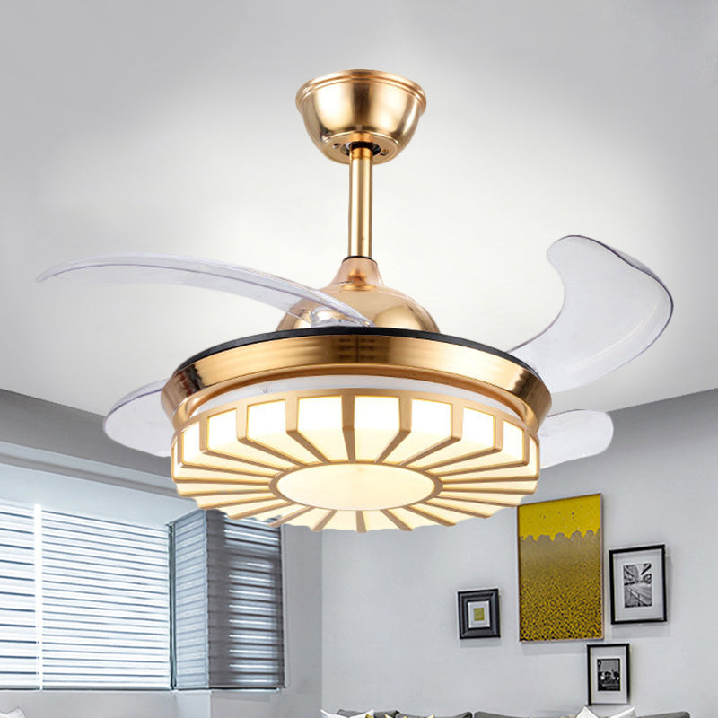 Minimalismus kreisförmiger Semi-Flush-Mount-Acryl-Wohnzimmer 4-Blade-LED-Anhänger Lüfter Licht in Silber/Weiß/Gold, 42 "W.